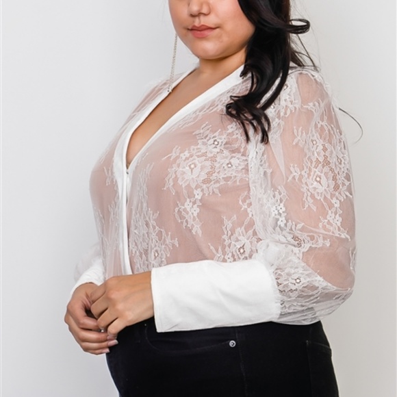 TRENDING ❤️🔥 WHITE V NECK CONTRAST LACE OVERLAY BODYSUIT LAST DAY - Picture 2 of 4